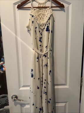 Maeve Anthropologie drip dye Cream and Blue Crochet-Detail Maxi Dress XS